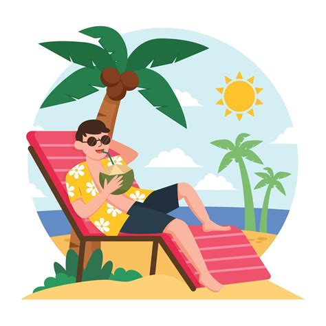 Sunbathing On The Beach While Drinking Coconut Water Vector Art