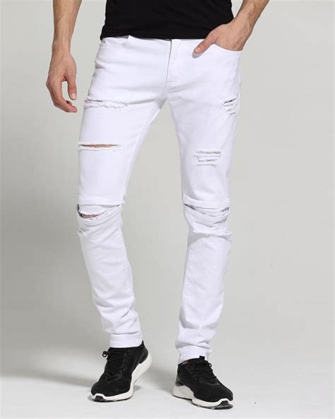 Mens White Jeans Fashion Design Ripped Destroyed Stretch Skinny Jeans