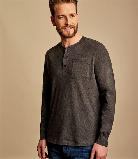 Charcoal Mens Henley Button Long Sleeve T Shirt Woolovers Us