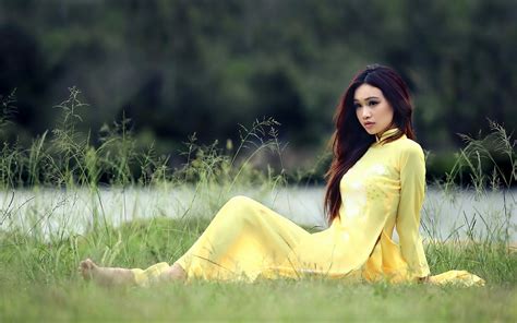 Wallpaper Sunlight Women Outdoors Model Nature Grass Asian Dress Green Yellow Skin