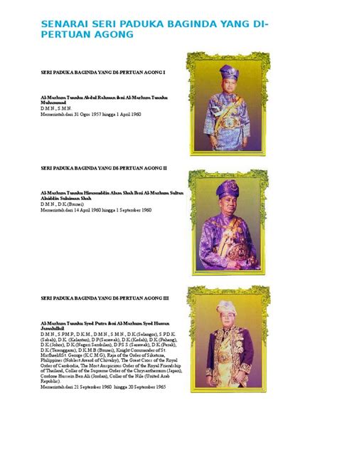 ( dikemaskini pada 4 ogos 2015 ). SENARAI SERI PADUKA BAGINDA YANG DIpertuan Agong Malaysia