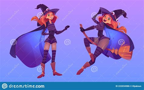 Witch Flying On Broom Beautiful Redhead Woman Stock Vector Illustration Of Halloween Cartoon