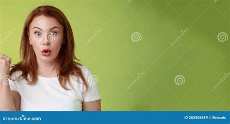 Close Up Surprised Amused Redhead Middle Aged Housewife Folding Lips