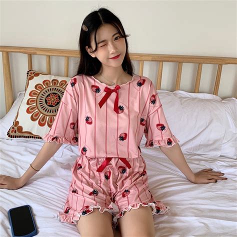 2019 Summer Short Sleeve Pajama Set Kawaii Cartoon Print Sleepwear For