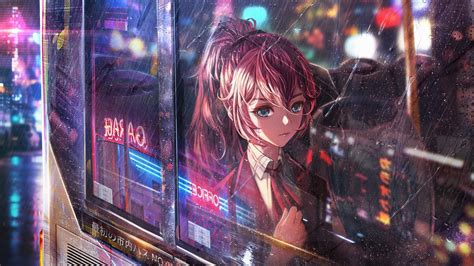 1366x768 Anime Girl Bus Window Neon City 4k 1366x768