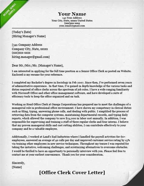 Turning in a cover letter with lots of mistakes reflects poorly on your ability to do the work properly. office clerk cover letter example | Sample resume cover ...