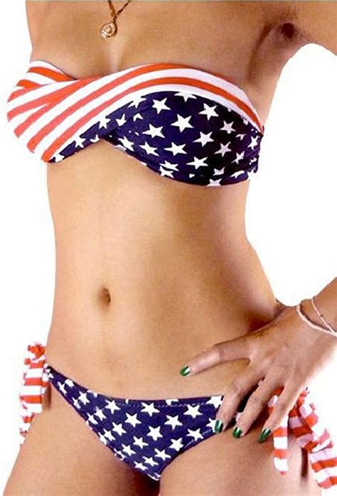 Zehui® Womens Stars And Stripes Padded Twisted Bandeau Tube American Flag Bikini