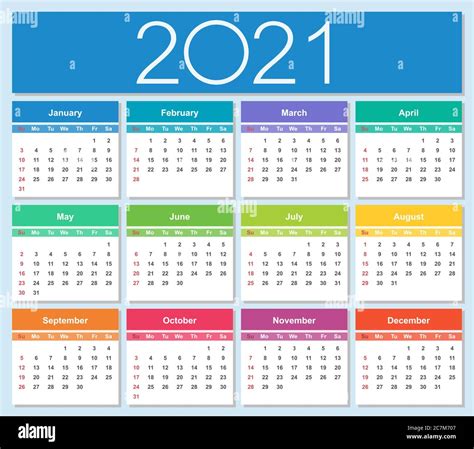 Colorful Year 2021 Calendar Week Starts On Sunday Isolated Vector