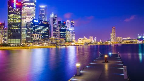 Singapur Asien Stadt Nacht Dock Hochhäuser Lichter 1920x1200 Hd
