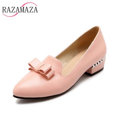 Razamaza Size 33 43 Ladies Mid High Heels Shoes Women Pointed Toe Bowknot Metal Thick Heel Pumps