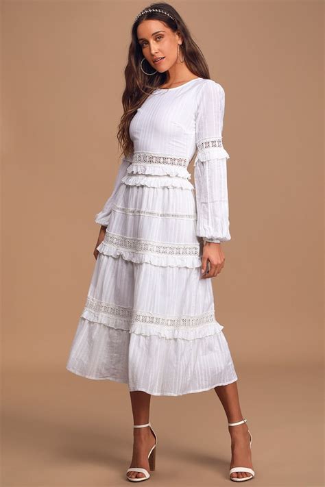 Cute White Prairie Dress Long Sleeve Midi Dress Tiered Ruffle Lulus