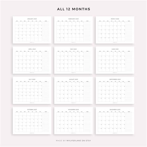 2023 Monthly Calendar With Notes Landscape Printable Etsy New Zealand
