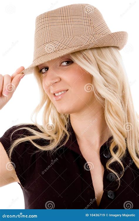 Portrait Of Smiling Female Holding Hat Stock Image Image Of Twenties