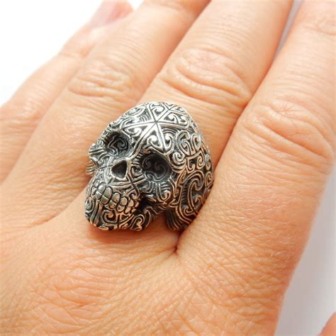 Large Sterling Silver Skull Ring Gothic Jewelery Etsy Sterling