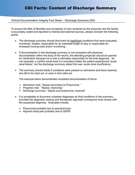 Clinical Documentation Integrity Fact Sheet Discharge Summary