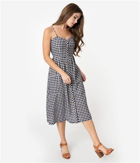 Retro Style Navy And White Gingham Cotton Button Up Midi Dress Midi