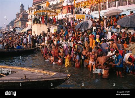 pilgrims on the ghats of the river ganges at varanasi during the kartik purnima festival in