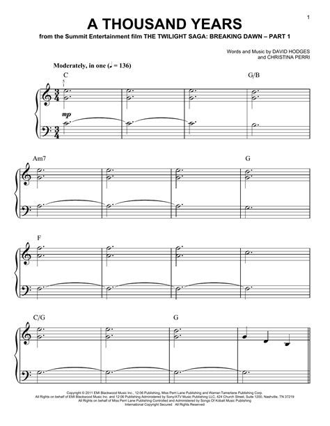 A Thousand Years Sheet Music By Christina Perri Easy Piano 92366