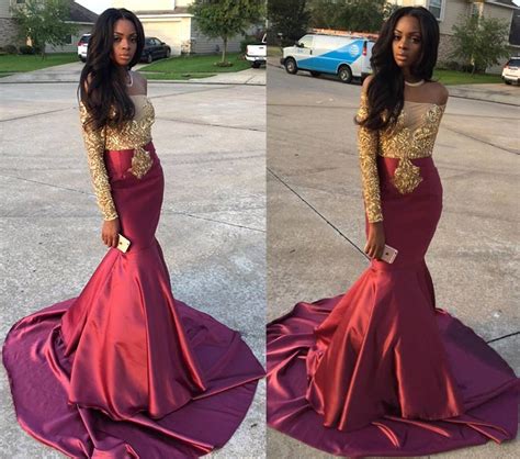 Sexy Off The Shoulder Gold Appliques Long Sleeves Maroon Prom Dresses