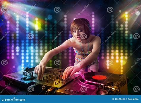 Dj Girl Playing Songs In A Disco With Light Show Stock Image Image Of