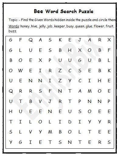 About Bees Word Search Printable Englishbix