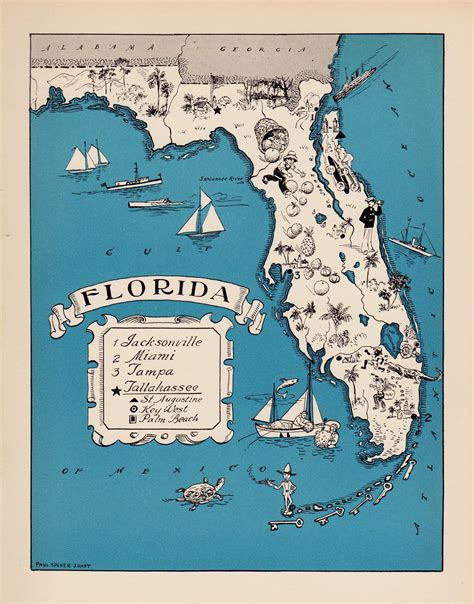30s Vintage Florida Picture Map Of Florida State Cartoon Map Print