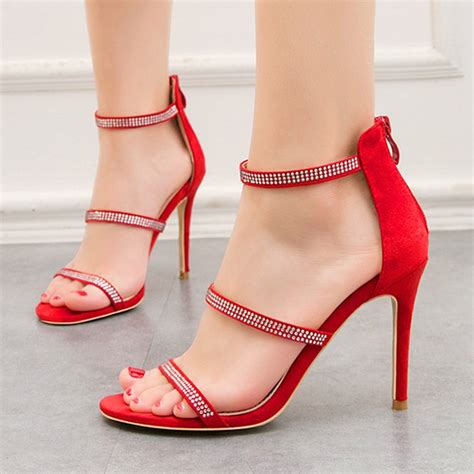 Women Open Toe Rhinestone Sandals Elegant Bling Crystal Zipper Woman High Heels Shoes Flock