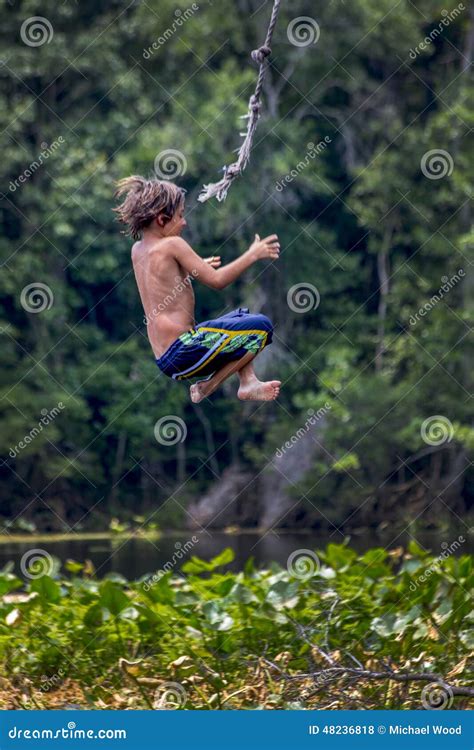 Boy Flies Backwards Rope Swing Wacissa River Stock Photo Image Of