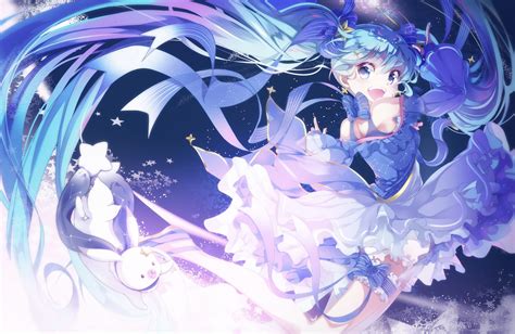Wallpaper Twintails Hatsune Miku Smiling Vocaloid Dress Aqua Hair