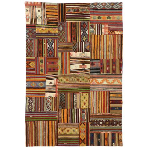 Vintage Turkish Patchwork Kilim Plaid Rug With Preppy Madras Style For