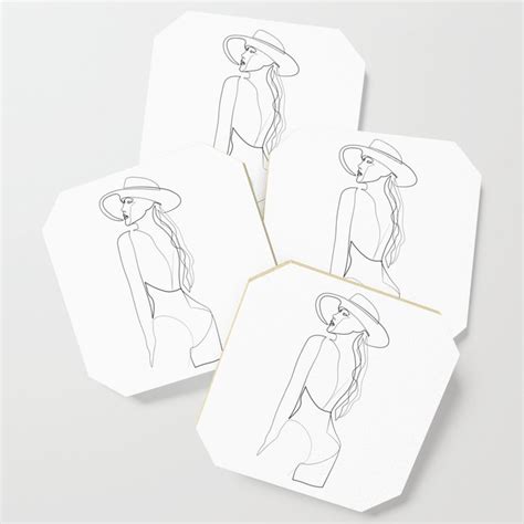 Continuous Line Art Woman In Hat Minimalist Sketch Coaster By Amusing DesignCo Society