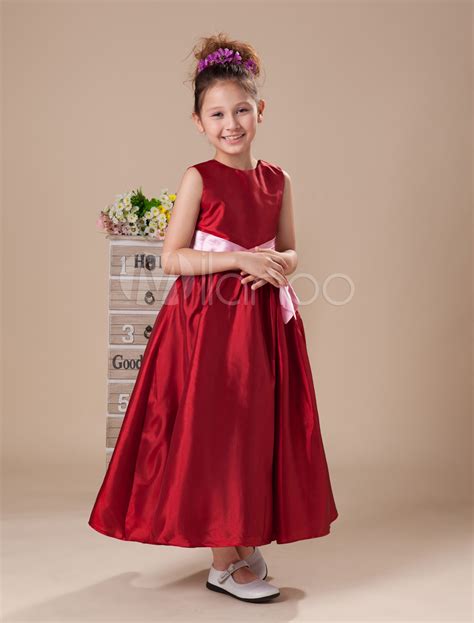 Sleeveless Burgundy Sash Taffeta Flower Girl Dress