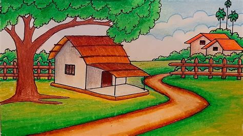 How To Draw Beautiful Village Scenery Drawing Tutorial Easy Landscape