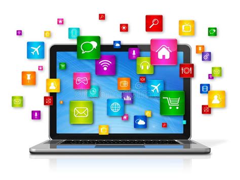 Laptop Computer And Flying Apps Icons Stock Illustration Image 49753724
