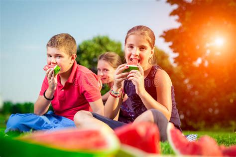 Cute Children Eating Watermelon On A Sunny Day Stock Image Image Of