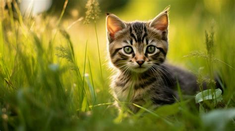 A Cute Kitten Sitting In The Grass Staring Playfully 32932698 Stock