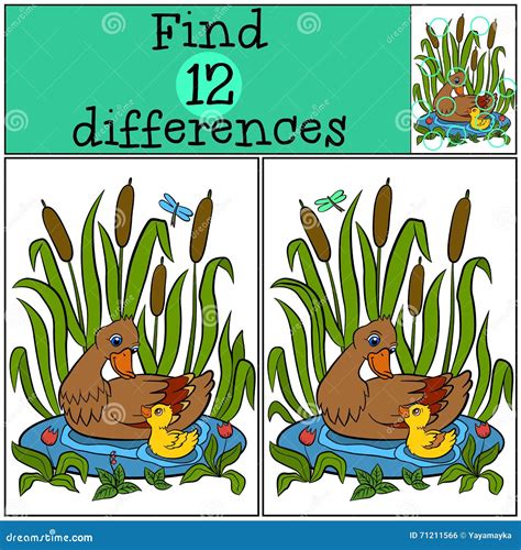 Children Games Find Differences Mother Duck Swims On The Pond With