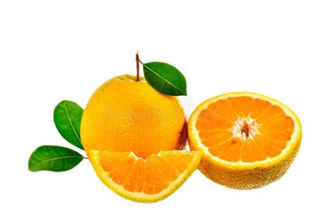 Sliced Orange Fruit With Leaves Isolated On White Background Stock