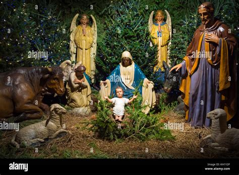 Christmas Nativity Scene With Mary Joseph And The Angel Gabriel