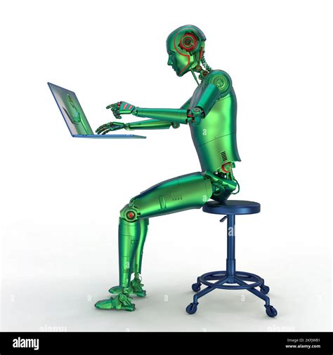 Humanoid Robot Working With Laptop Conceptual Illustration Stock Photo