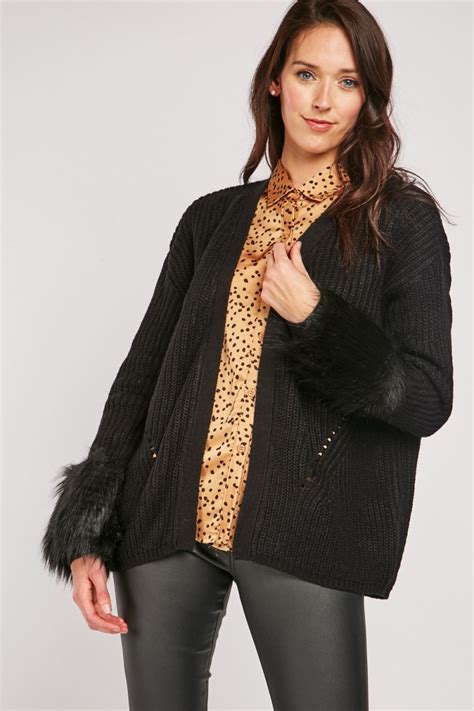 faux fur sleeve knit cardigan just 7