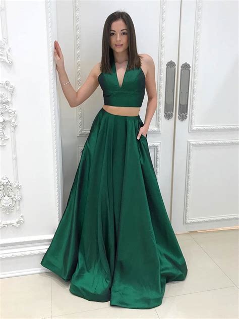 Two Piece Prom Dresses Halter Aline Floor Length Hunter Green Simple L