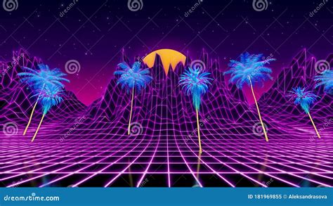 Fundo Neon Retrowave Dos Anos 80 Animação Em Loop De Terreno 3d Com