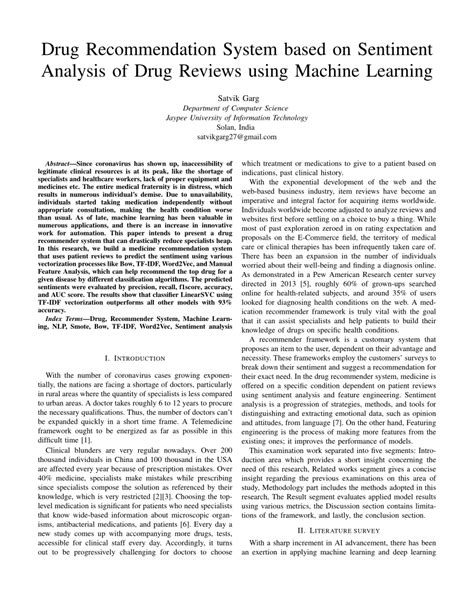 Pdf Drug Recommendation System Based On Sentiment Analysis Of Drug Reviews Using Machine Learning