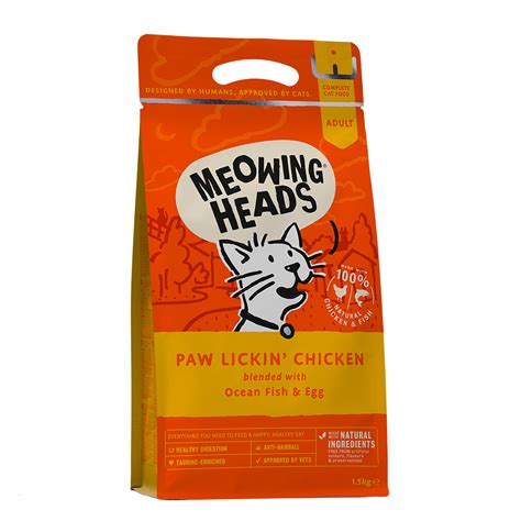 All our cat food is packed full of high quality meat, fish and other natural ingredients, meaning that meowing heads really is everything you need to feed a happy, healthy cat. Meowing Heads Paw Licking Chicken Adult Cat sausā barība ...