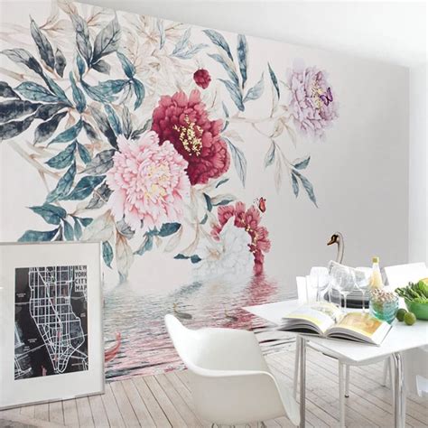 Custom Wallpaper Mural Abstract Peony Flower Swan Bvm Home