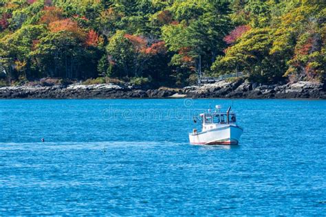 Lobster Fishing Boat In Autumn In Coastal Maine New England Stock
