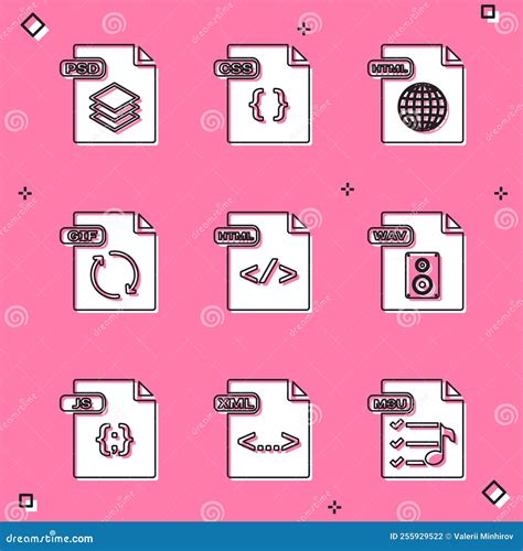 Legen Sie Psd Datei Dokument Css Html  Wav Js Und Xml Symbol Vektor Stock Abbildung