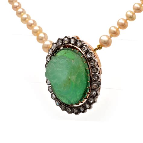 Pearl Emerald Angel Cameo Rose Cut Diamond Gold Necklace For Sale At
