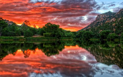 Red Clouds Sky Reflection Sunset At Granite Basin Lake